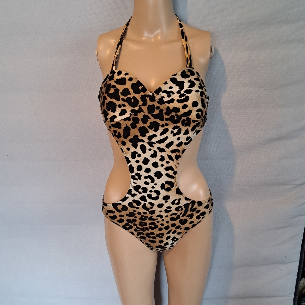Cut out monokini one piece strapless halter leopard cheetah animal print